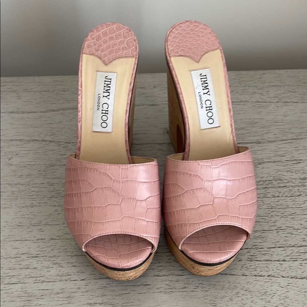 Jimmy Choo Pink Wedge Shoes with Croc-Embossed Texture